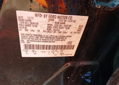 2013 Ford Edge Sport z USA, uszkodzony, nr VIN 2FMDK4AK3DBB48369